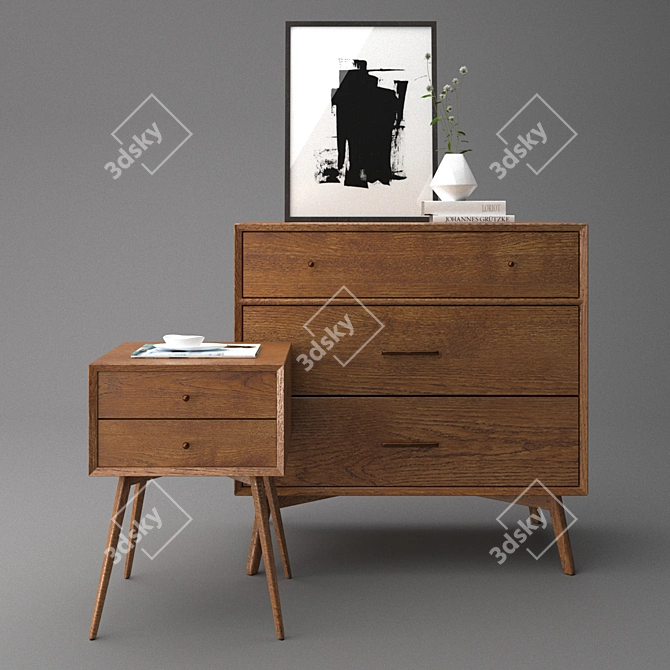 Mid-Century Nightstand + Dresser Set 3D model image 2