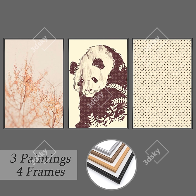 Artistic Set: 3 Wall Paintings + 4 Frame Options 3D model image 3