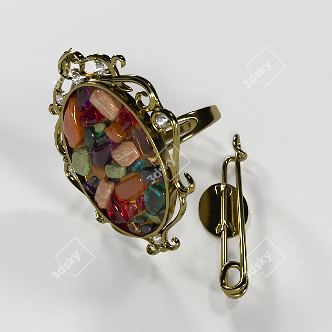 Antique-inspired Carved Ring with Gemstones 3D model image 3