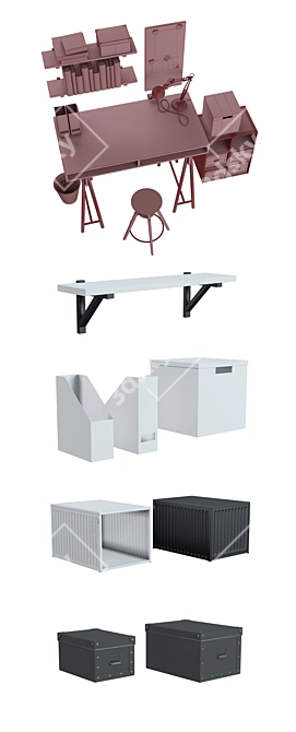 Modern Black and White IKEA Work Zone Set 3D model image 3