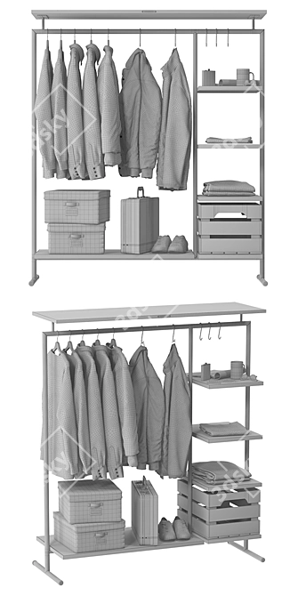 Rustic Wooden Clothes Rack 3D model image 3