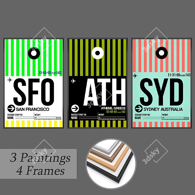 Art Décor Set: 3 Paintings & 4 Frame Options 3D model image 1