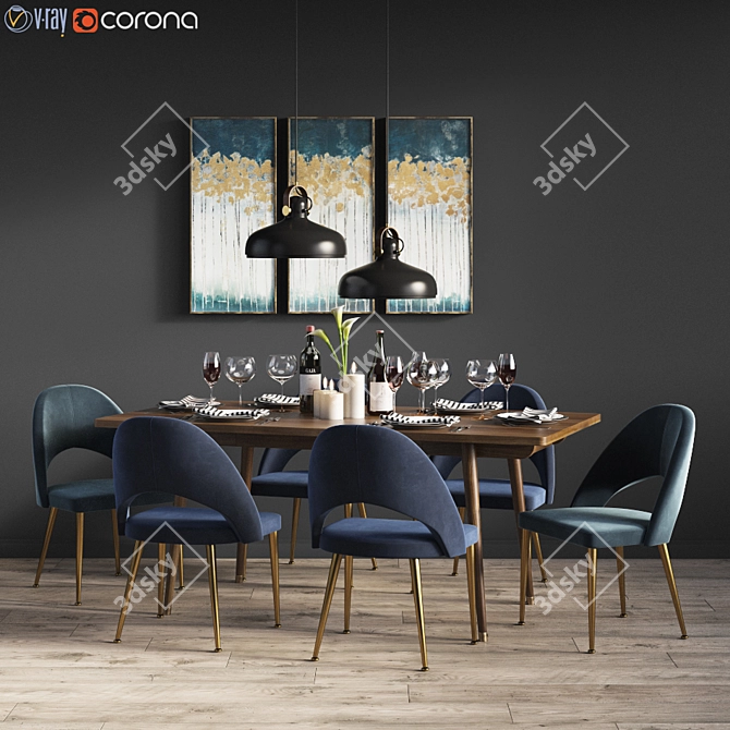 Modern Walnut Dining Set: Chairs, Table & Pendant Light 3D model image 2