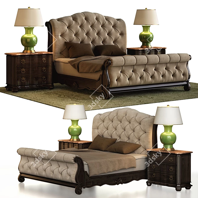 Elegant Thomasville Upholstered Sleigh Bed & Lucca Night Stand 3D model image 1