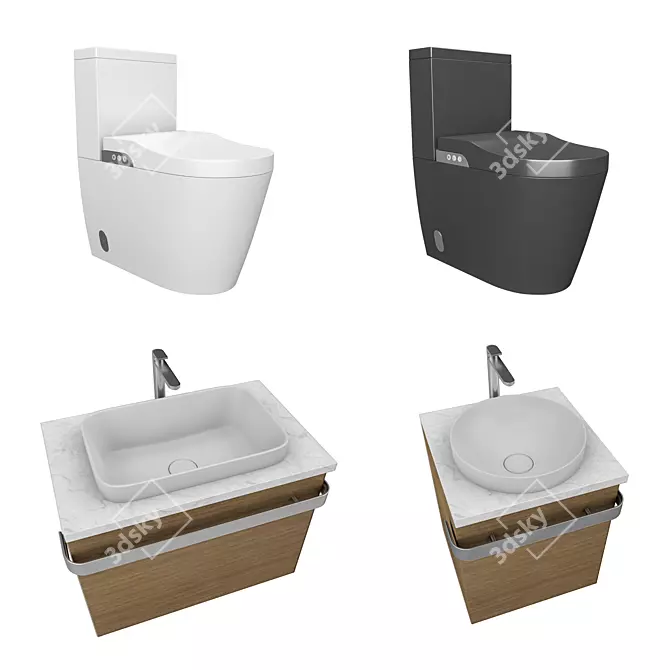 Modern Bathroom Set: Toilet, Wash Basin, Faucet & Sink Cabin 3D model image 1
