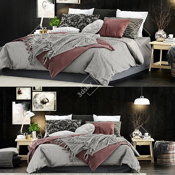 Modern Bed Set with Stylish Lighting & Decoratives 3D model image 1