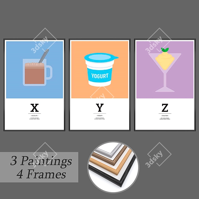 3-Piece Wall Painting Set with 4 Frame Options 3D model image 1