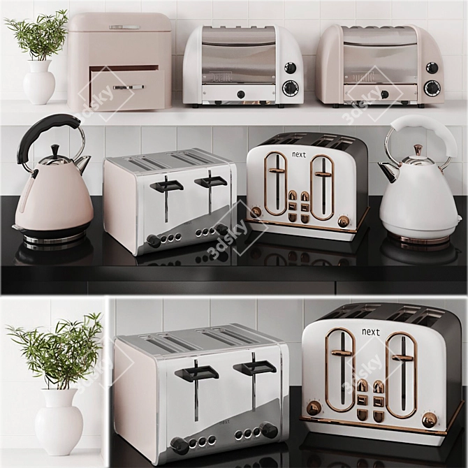 Modern Kitchen Appliance Set: Kettle, Toaster, Bread Box 3D model image 1