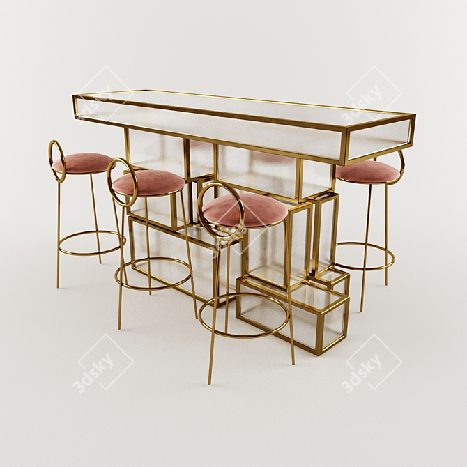 Golden Frame Glass Bar Table with Chairs 3D model image 1