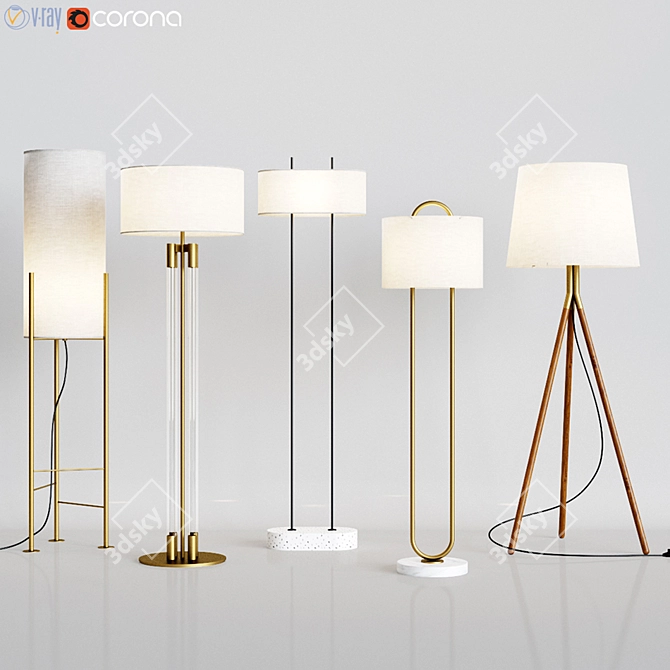 5-Piece CB2 Floor Lamps Set with Acrylic, Brass, White, Shiro, Tres, and Warner-Marble Finishes 3D model image 1