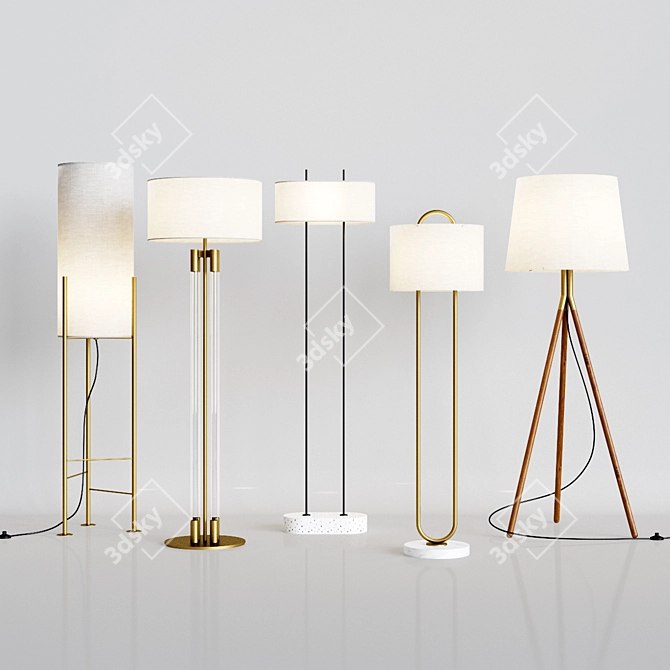 5-Piece CB2 Floor Lamps Set with Acrylic, Brass, White, Shiro, Tres, and Warner-Marble Finishes 3D model image 2