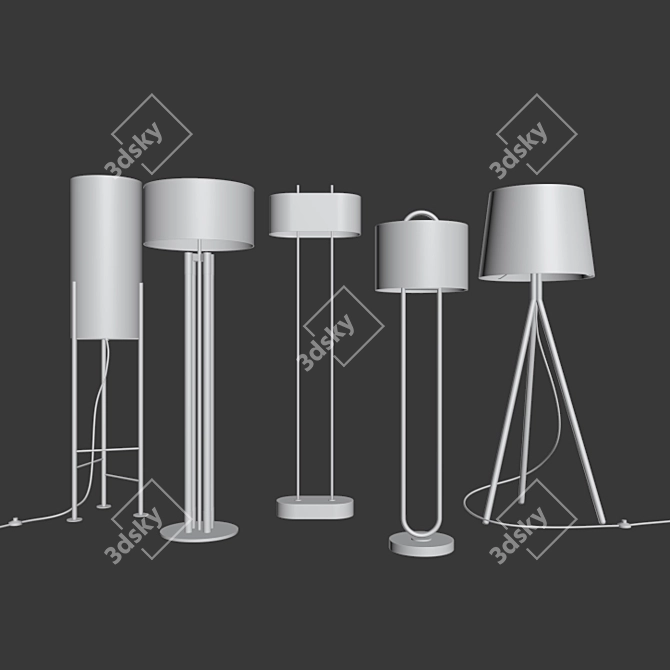 5-Piece CB2 Floor Lamps Set with Acrylic, Brass, White, Shiro, Tres, and Warner-Marble Finishes 3D model image 3