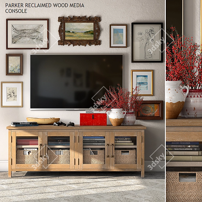 Reclaimed Wood Media Console - Stylish and Spacious 3D model image 1