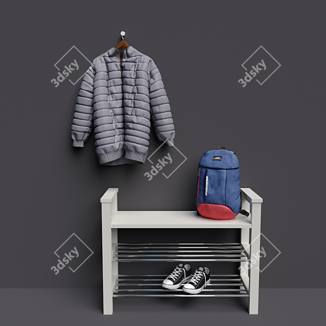 IKEA Hemnes Shoe Bench with Shelf - Bundle includes Sneakers, Backpack, and Down Jacket 3D model image 1