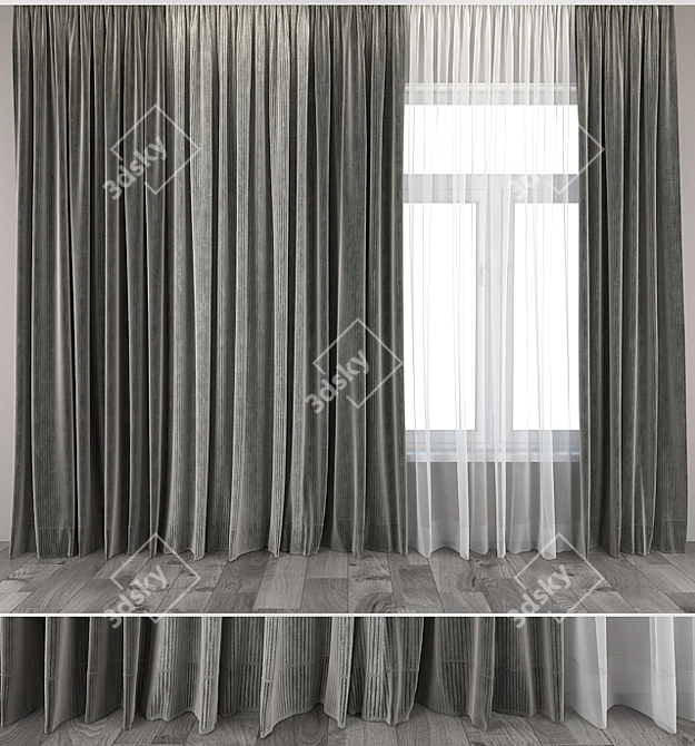 Title: Wooden Floor Curtains and Tulle 3D model image 1