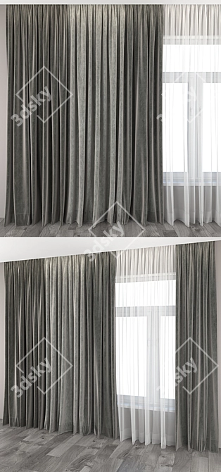 Title: Wooden Floor Curtains and Tulle 3D model image 2