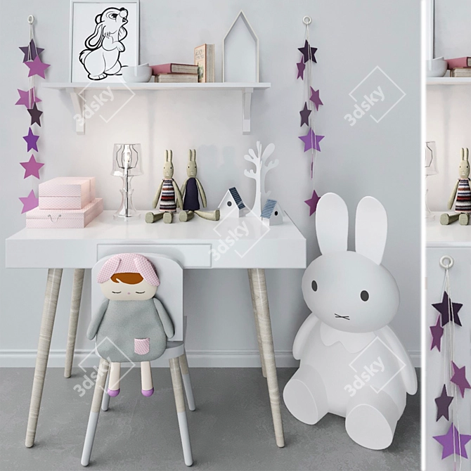 Children's Room Playset: Toys, Soft Toys, Table, Chair, Jewelry Box, Rabbit Books 3D model image 1