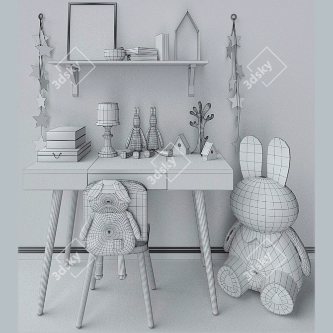 Children's Room Playset: Toys, Soft Toys, Table, Chair, Jewelry Box, Rabbit Books 3D model image 2