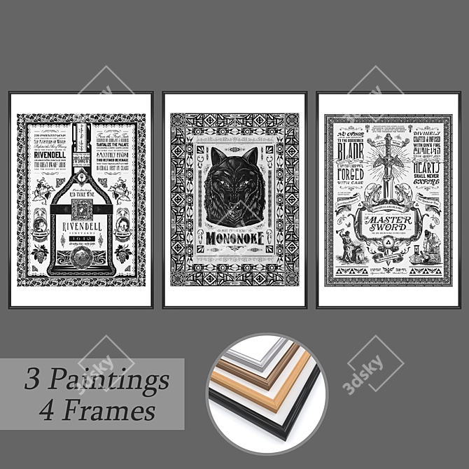 Elegant Frame Set with 3 Wall Paintings 3D model image 1