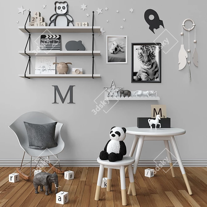 Playful Panda Theme: Toys, Soft Toys, Table, Chair, Pillow 3D model image 1