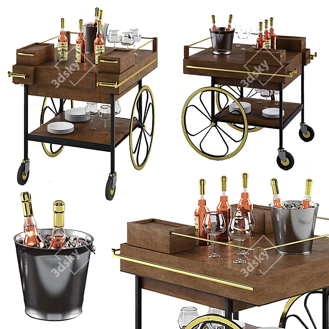 Vintage-Inspired Mobile Bar Cart 3D model image 2