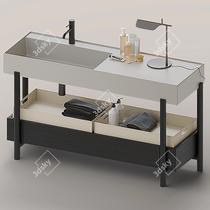 Rectangular Ceramic Washbasin with Integrated Countertop 3D model image 1