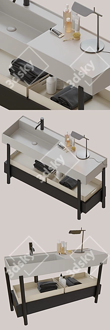 Rectangular Ceramic Washbasin with Integrated Countertop 3D model image 2