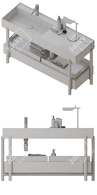 Rectangular Ceramic Washbasin with Integrated Countertop 3D model image 3