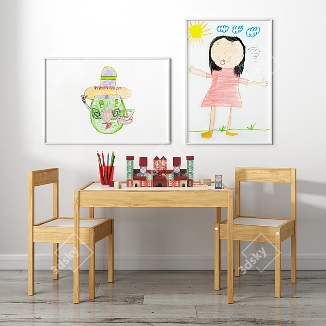 Kid's Table Set with Ikea Chairs & Xalingo Toy 3D model image 1