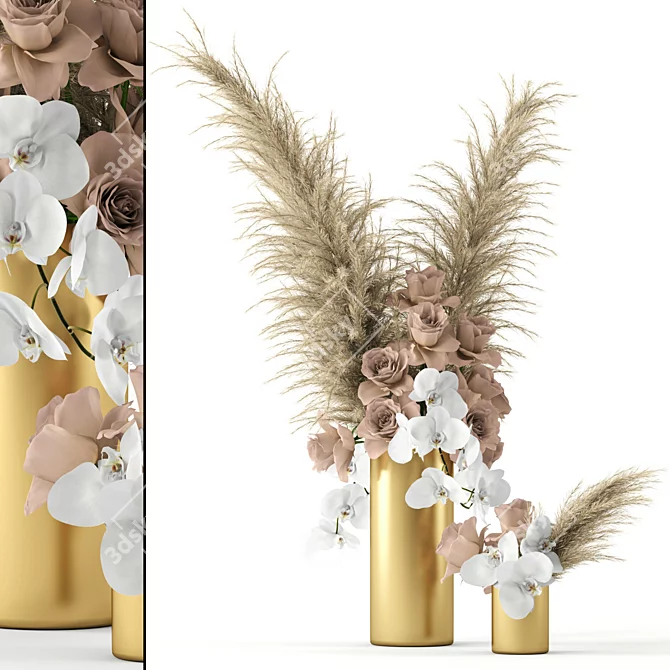 Elegant Brass Vases with Pale Roses 3D model image 1