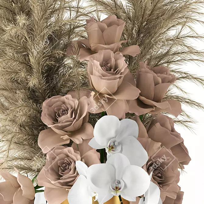 Elegant Brass Vases with Pale Roses 3D model image 2