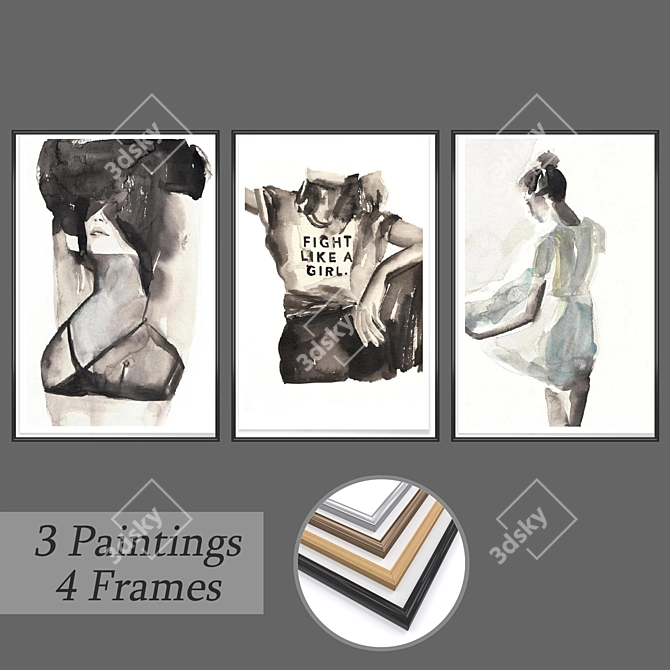 Gallery Set: 3 Paintings & 4 Frame Options 3D model image 1