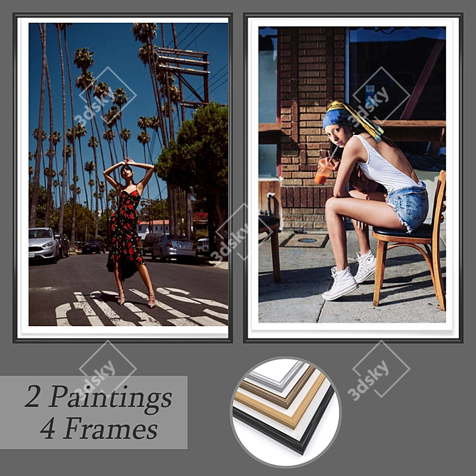 Artistic Set No. 507: 2 Paintings, 4 Frame Options 3D model image 1