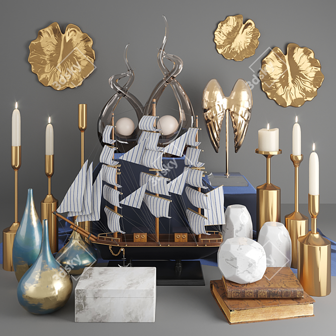 Gold Ship Candlestick Book Set 3D model image 1