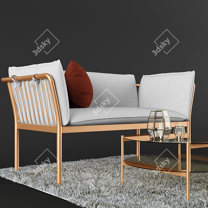 Modern Metal Sofa & Coffee Table Set 3D model image 2