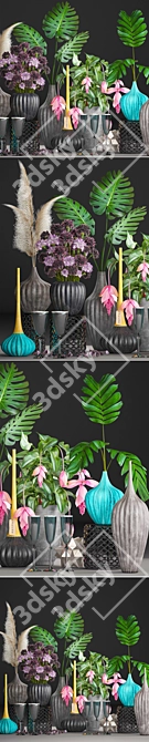 Mixed Floral Bouquet: Reeds, Carnations & Monstera 3D model image 2