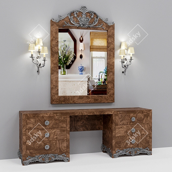 Deco Walnut/Silver Leonor Dressing Table & Mirror 3D model image 1