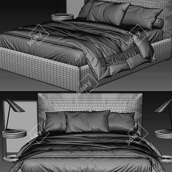 Elegant Stone Plus Bed with Ralf Small Tables 3D model image 3