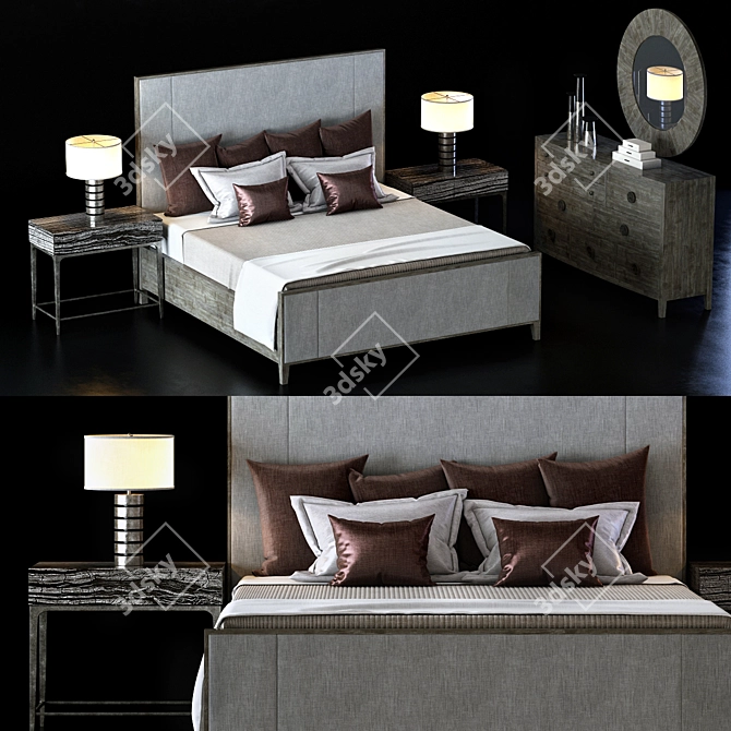 Bernhardt Linea Bedroom Set: Upholstered Bed, Nightstand, Dresser, Mirror 3D model image 1