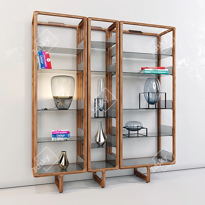 Elegant Walnut Bookcase with Glass Shelves - Myria 3D model image 1