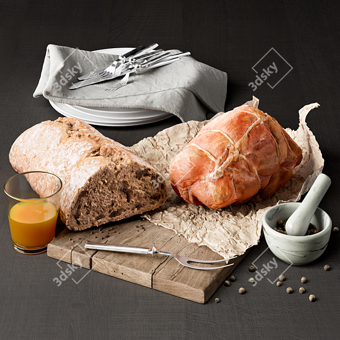 Gourmet Food Set: Ham & Bread 3D model image 1