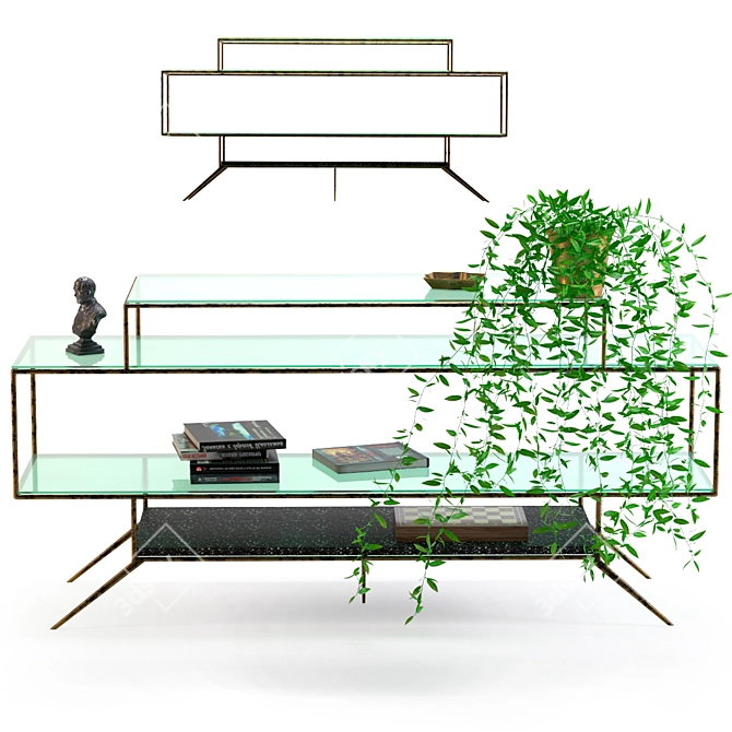 Terrazzo TV Stand: Steel Brass-Plated, Clear Glass, Concrete Top 3D model image 1