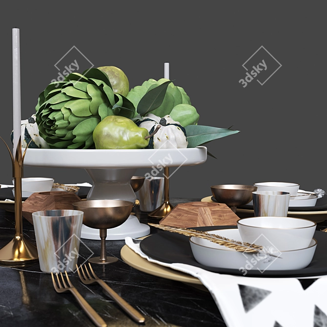 Elegant Black and Gold Table Setting 3D model image 2