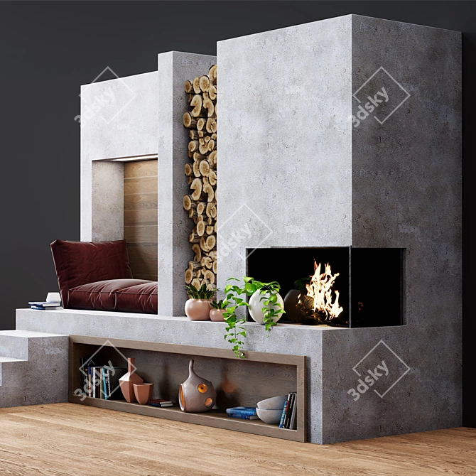 Modern Fire Pit with Wood Storage 3D model image 2