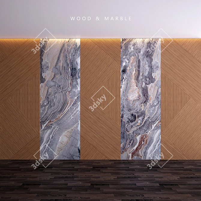 Wood & Marble Wall Panel - 5x3m 3D model image 1