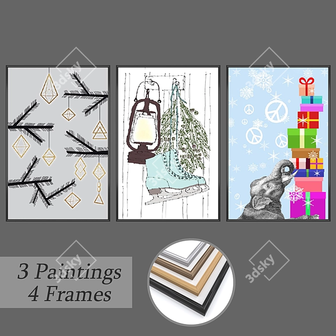 Gallery Wall Set No. 621 - 3 Paintings & 4 Frame Options 3D model image 1