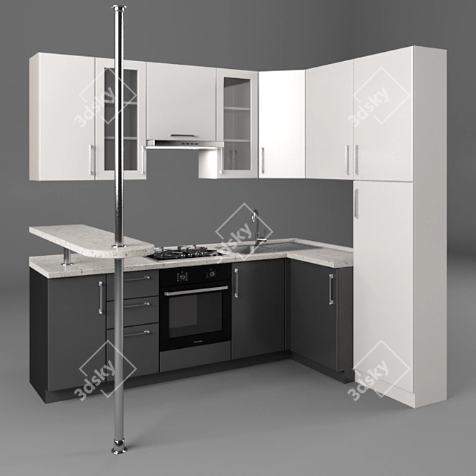 Modern Kitchen Set with Bar Counter 3D model image 1