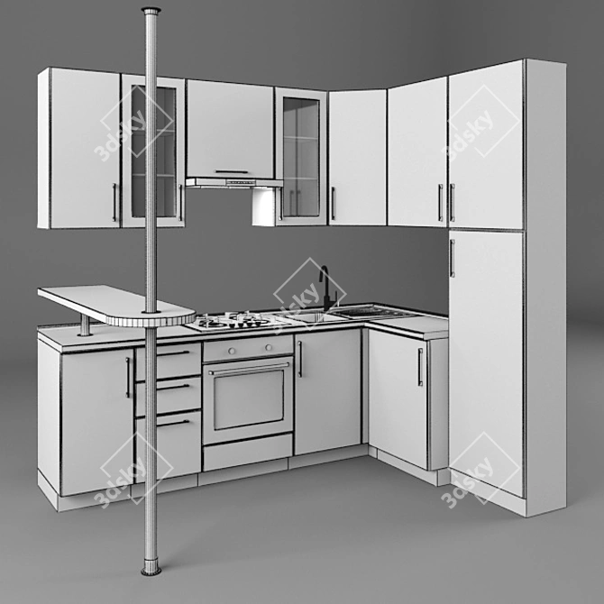 Modern Kitchen Set with Bar Counter 3D model image 2