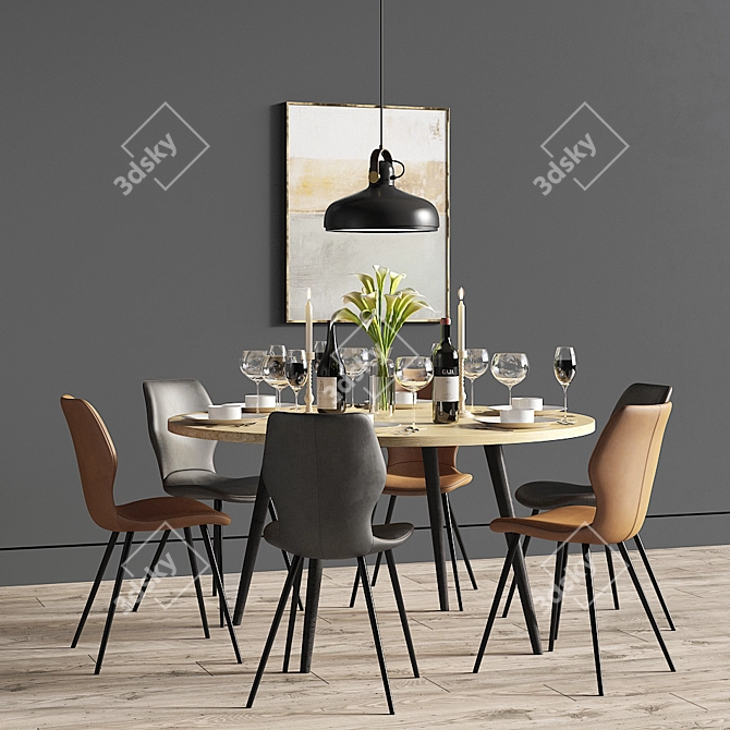Elegant Dining Set with Stylish Chair & Pendant Light 3D model image 2