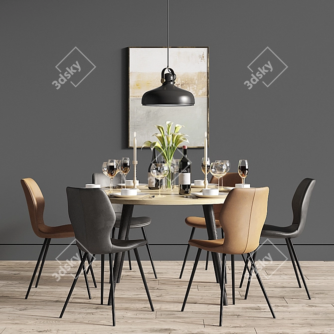 Elegant Dining Set with Stylish Chair & Pendant Light 3D model image 3